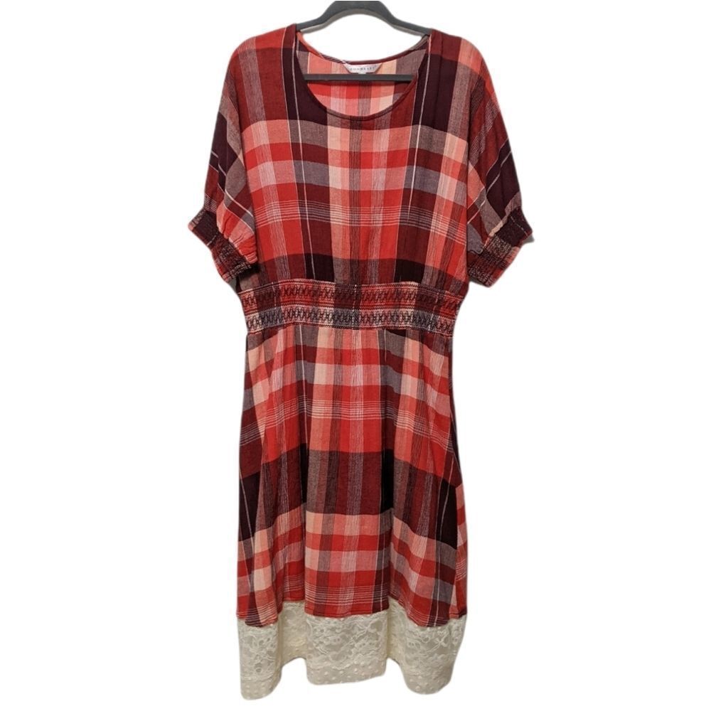 DOWNEAST Red Plaid Smocked Lace Hem Dress L